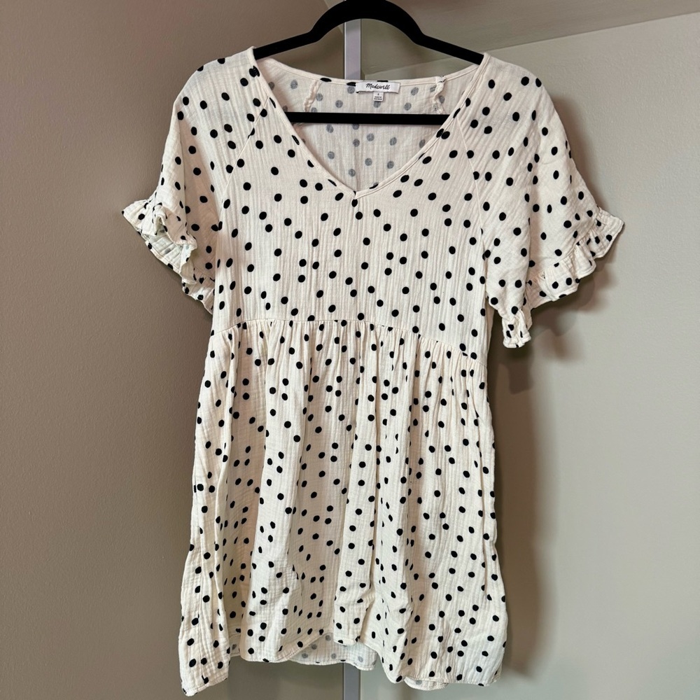 Madewell Women's Lightspun Ruffle-Sleeve Babydoll Dress in ivory & black size S